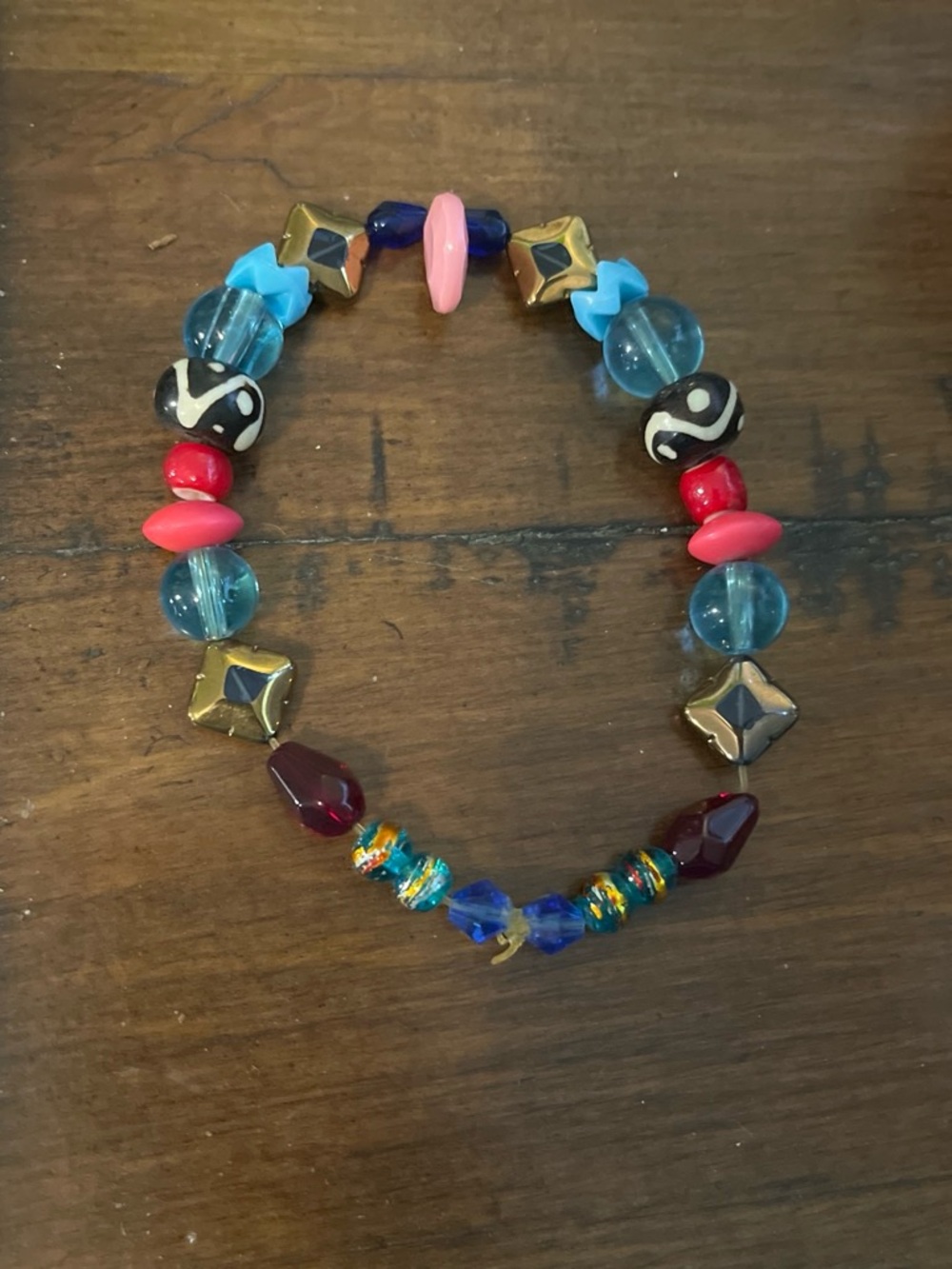 Colorful Mixed-Bead Stretch Bracelet - Pink, Blue, Red, Gold Accents 1748